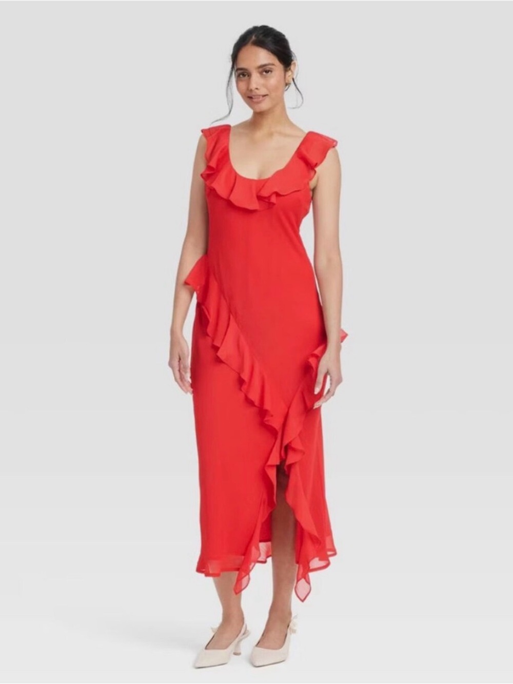 A New Day Women’s Small Red Ruffle Chiffon Midi Slip Date Night Dress NWT